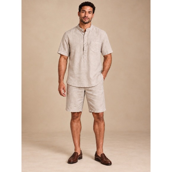 ACHfit Other - ACHfit Men's XL Oatmeal Beige Linen 2-Piece Shirt Shorts Set Elastic Waist